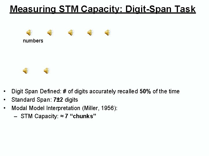 Measuring STM Capacity: Digit-Span Task numbers • Digit Span Defined: # of digits accurately Measuring STM Capacity: Digit-Span Task numbers • Digit Span Defined: # of digits accurately