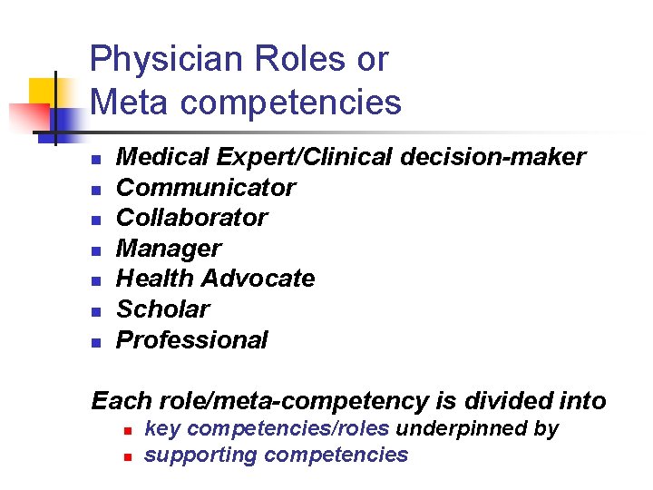 Physician Roles or Meta competencies n n n n Medical Expert/Clinical decision-maker Communicator Collaborator