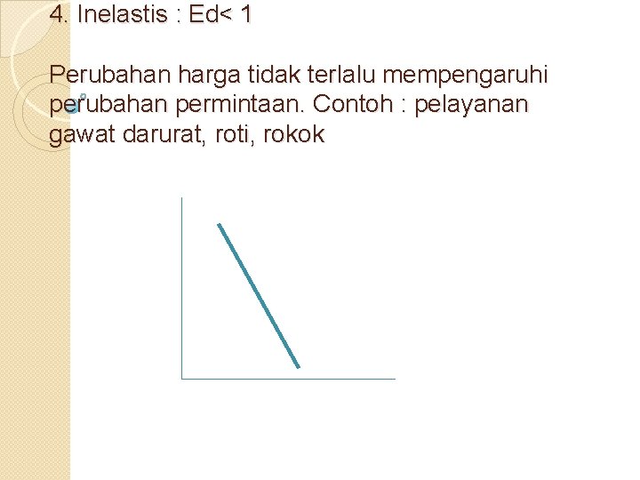 4. Inelastis : Ed< 1 Perubahan harga tidak terlalu mempengaruhi perubahan permintaan. Contoh :