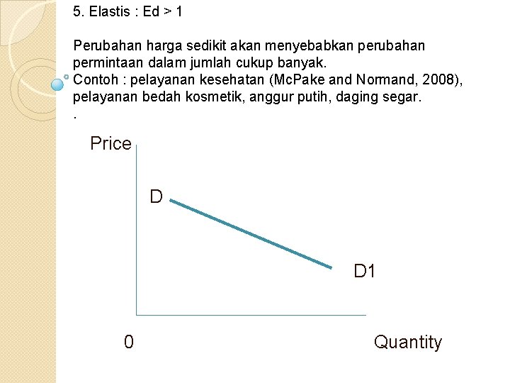 5. Elastis : Ed > 1 Perubahan harga sedikit akan menyebabkan perubahan permintaan dalam