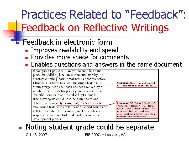 Practices Related to “Feedback”: Feedback on Reflective Writings n Feedback in electronic form n Practices Related to “Feedback”: Feedback on Reflective Writings n Feedback in electronic form n