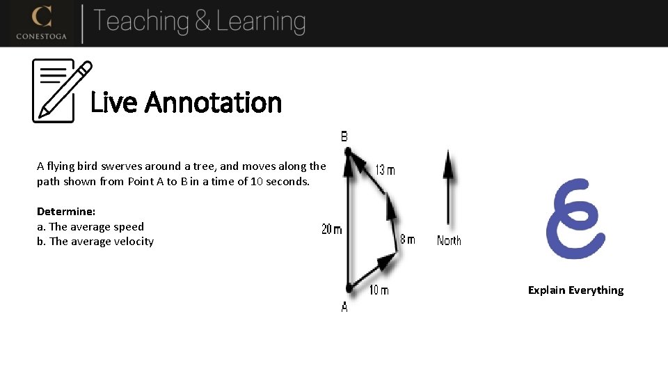 Live Annotation A flying bird swerves around a tree, and moves along the path