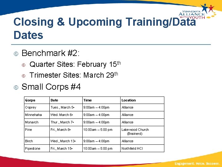 Closing & Upcoming Training/Data Dates Benchmark #2: Quarter Sites: February 15 th Trimester Sites: