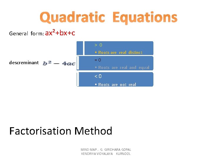 Quadratic Equations General form: ax²+bx+c > 0 descreminant • Roots are real distinct •