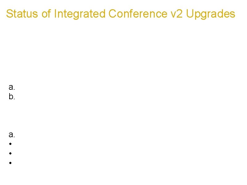 Status of Integrated Conference v 2 Upgrades As of the start of 2010, here's Status of Integrated Conference v 2 Upgrades As of the start of 2010, here's