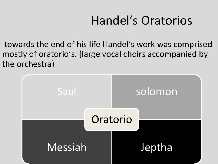 Handel’s Oratorios towards the end of his life Handel’s work was comprised mostly of