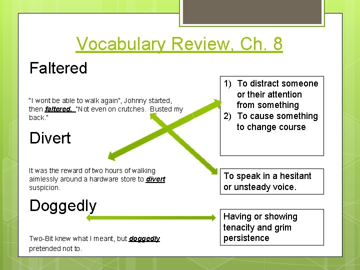 Vocabulary Review, Ch. 8 Faltered “I wont be able to walk again”, Johnny started,