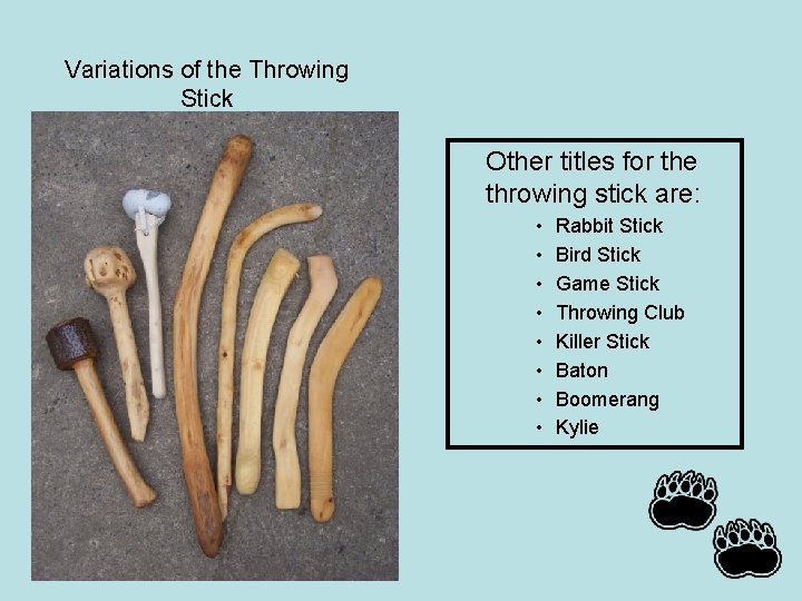 Variations of the Throwing Stick Other titles for the throwing stick are: • •