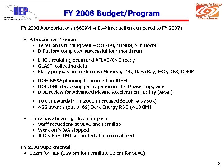 Department of Energy FY 2008 Budget/Program Office of Science FY 2008 Appropriations ($689 M
