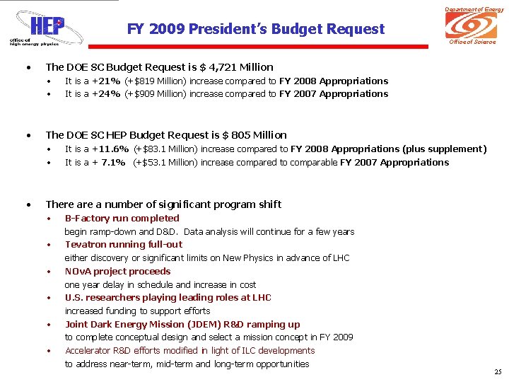 Department of Energy FY 2009 President’s Budget Request Office of Science • The DOE