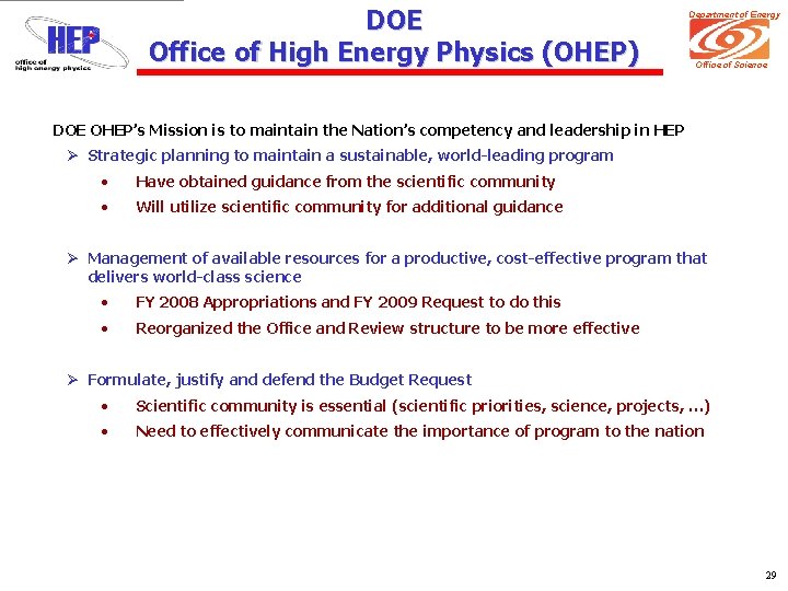 DOE Office of High Energy Physics (OHEP) Department of Energy Office of Science DOE