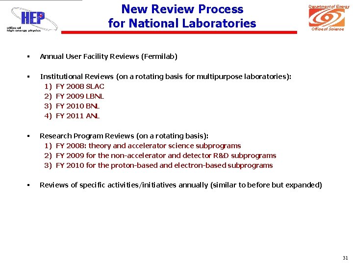 New Review Process for National Laboratories Department of Energy Office of Science § Annual