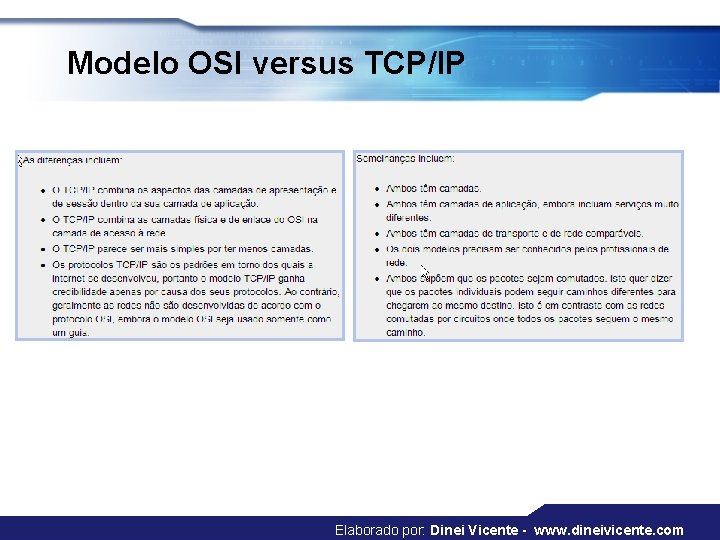 Modelo OSI versus TCP/IP Elaborado por: Dinei Vicente - www. dineivicente. com 