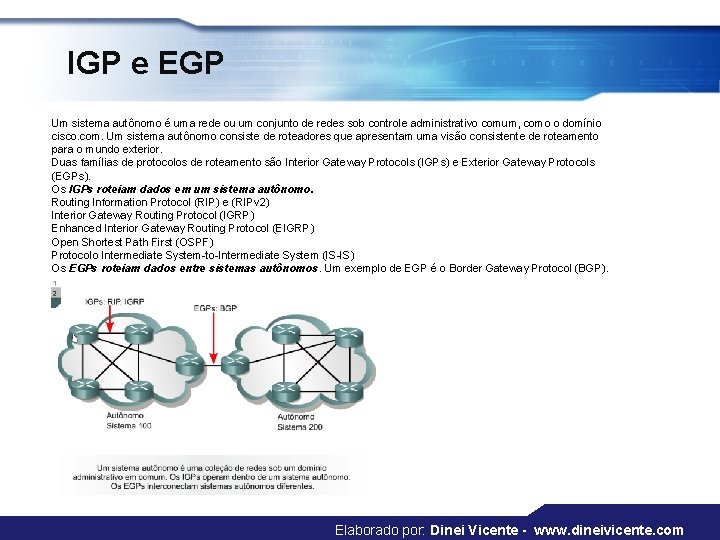 IGP e EGP Um sistema autônomo é uma rede ou um conjunto de redes