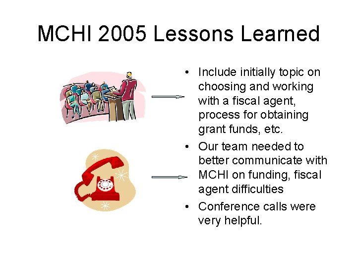 MCHI 2005 Lessons Learned • Include initially topic on choosing and working with a