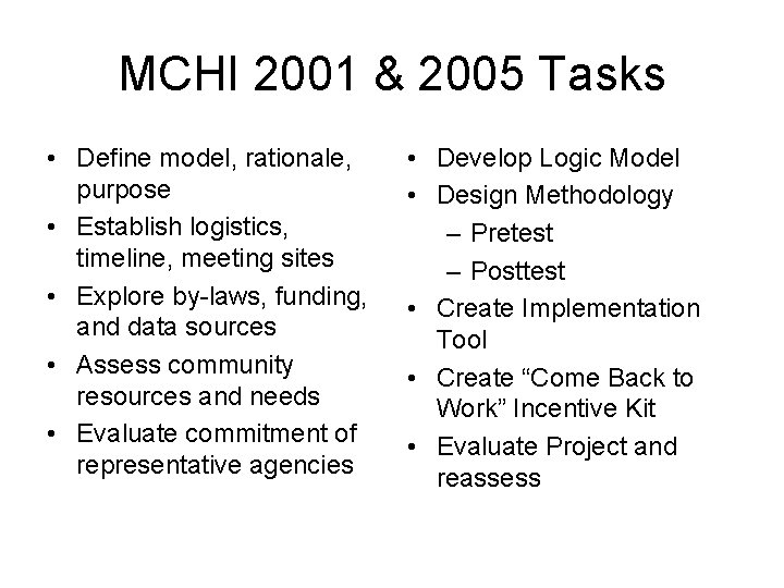 MCHI 2001 & 2005 Tasks • Define model, rationale, purpose • Establish logistics, timeline,