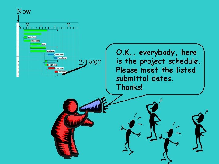 Now 2/19/07 O. K. , everybody, here is the project schedule. Please meet the