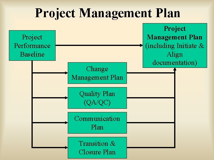 Project Management Plan Project Performance Baseline Change Management Plan Quality Plan (QA/QC) Communication Plan
