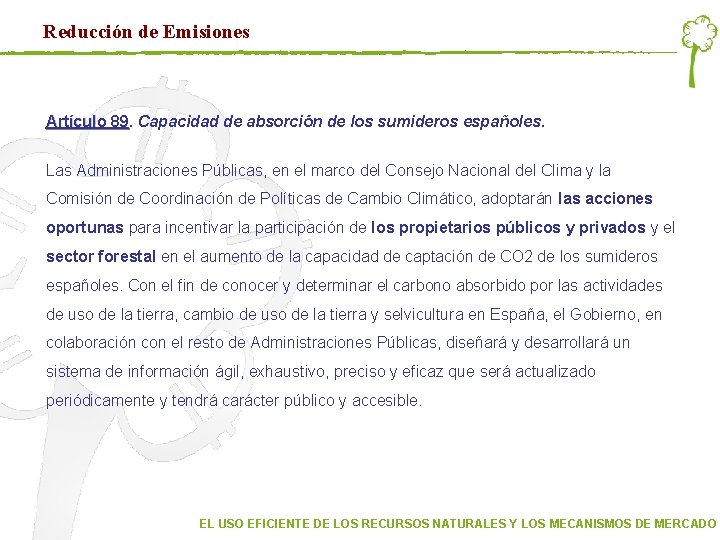 Reducción de Emisiones Artículo 89. Capacidad de absorción de los sumideros españoles. Las Administraciones Reducción de Emisiones Artículo 89. Capacidad de absorción de los sumideros españoles. Las Administraciones