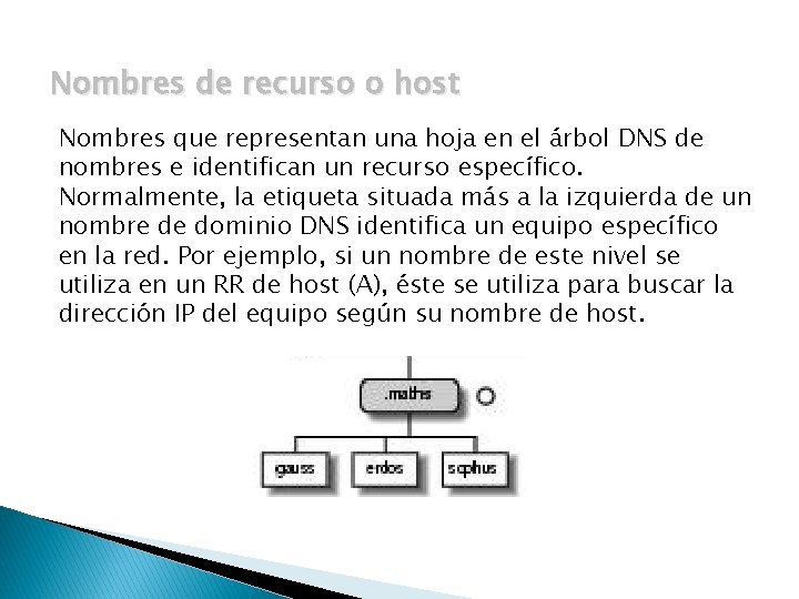 Nombres de recurso o host Nombres que representan una hoja en el árbol DNS