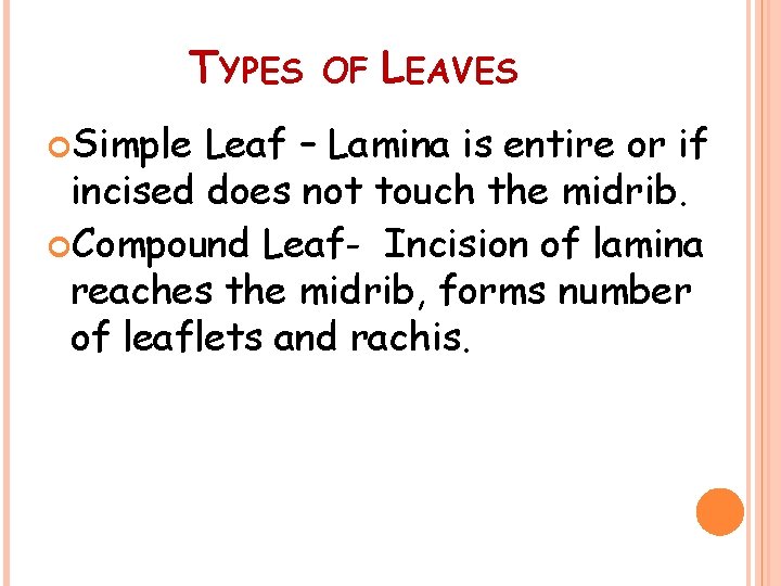 TYPES Simple OF LEAVES Leaf – Lamina is entire or if incised does not