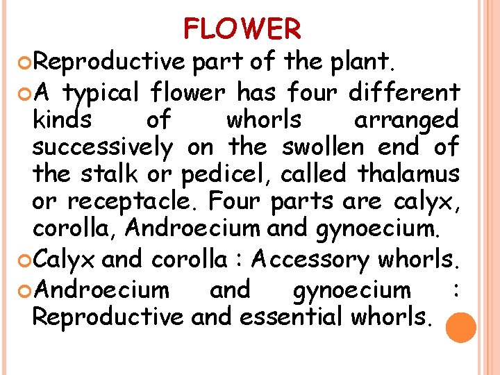 FLOWER Reproductive part of the plant. A typical flower has four different kinds of