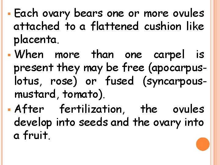 Each ovary bears one or more ovules attached to a flattened cushion like placenta.