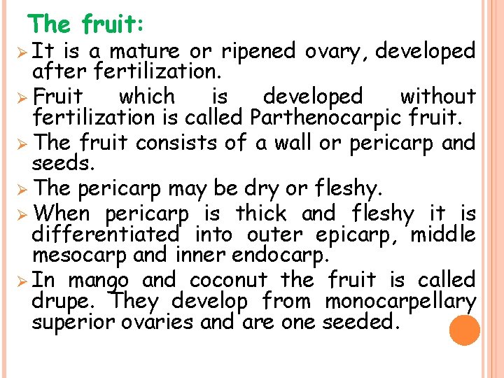 The fruit: Ø It is a mature or ripened ovary, developed after fertilization. Ø