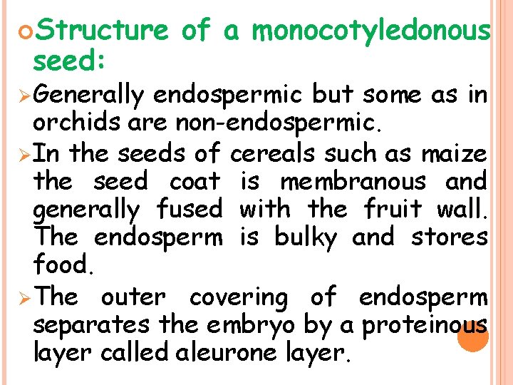  Structure seed: Ø Generally of a monocotyledonous endospermic but some as in orchids