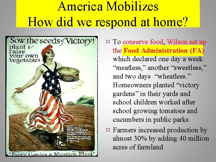 America Mobilizes How did we respond at home? To conserve food, Wilson set up