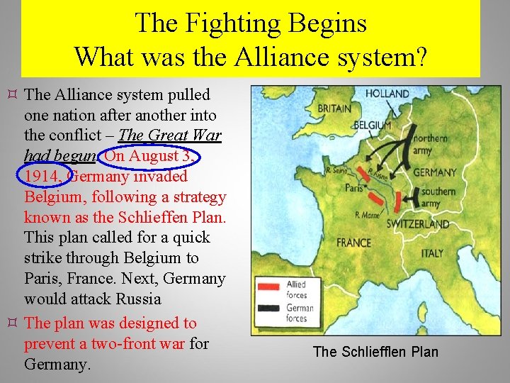 The Fighting Begins What was the Alliance system? The Alliance system pulled one nation