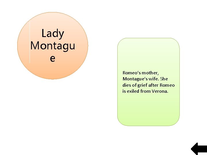 Lady Montagu e Romeo’s mother, Montague’s wife. She dies of grief after Romeo is