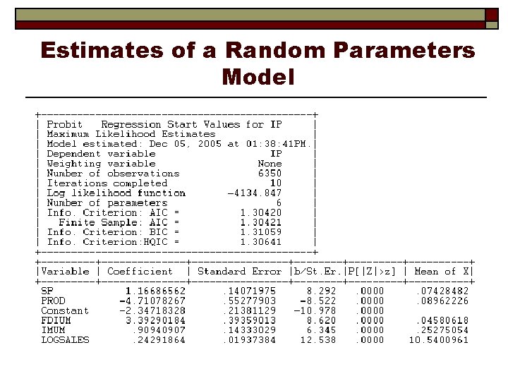 Estimates of a Random Parameters Model 