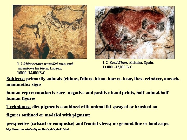 1 -7 Rhinocerous, wounded man, and disemboweled bison, Lscaux, 15000 - 13, 000 B.
