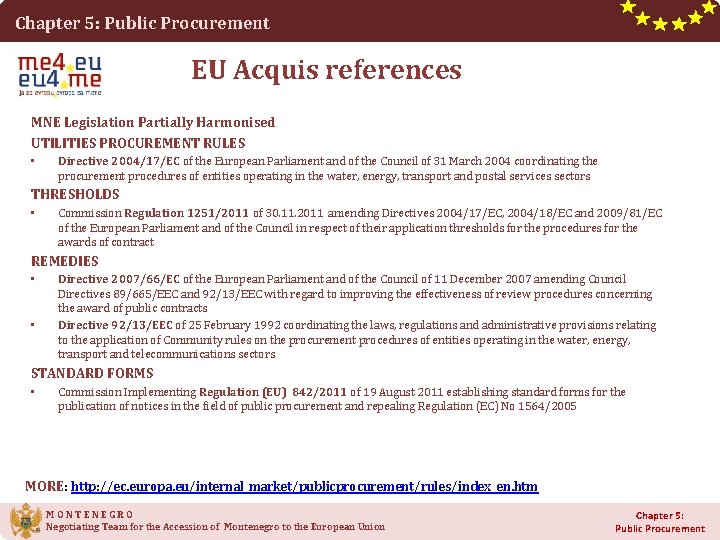 Chapter 5: Public Procurement EU Acquis references MNE Legislation Partially Harmonised UTILITIES PROCUREMENT RULES