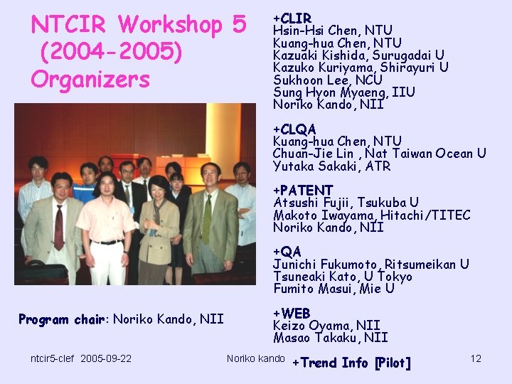 NTCIR Workshop 5 (2004 -2005) Organizers +CLIR Hsin-Hsi Chen, NTU Kuang-hua Chen, NTU Kazuaki