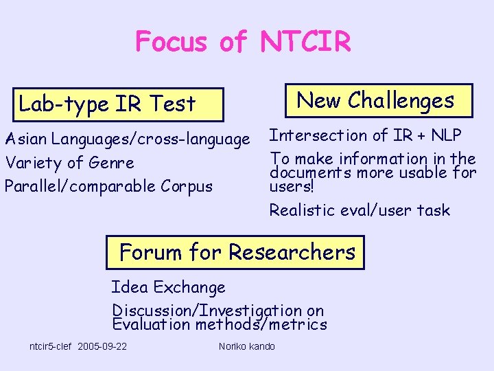 Focus of NTCIR New Challenges Lab-type IR Test Asian Languages/cross-language Variety of Genre Parallel/comparable