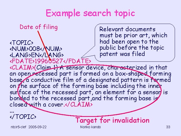 Example search topic Date of filing Relevant documents must be prior art, which had