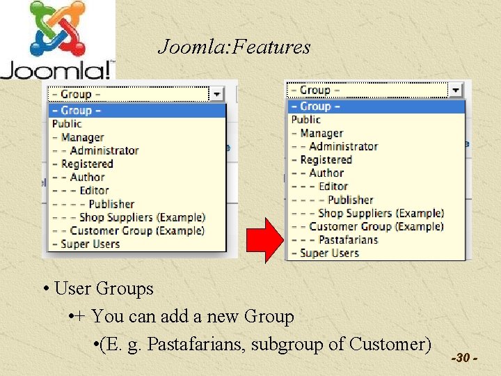 Joomla: Features • User classification: • User Groups • + You can add a