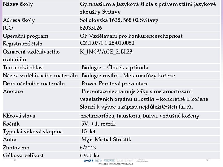 Název školy Gymnázium a Jazyková škola s právem státní jazykové zkoušky Svitavy Adresa školy