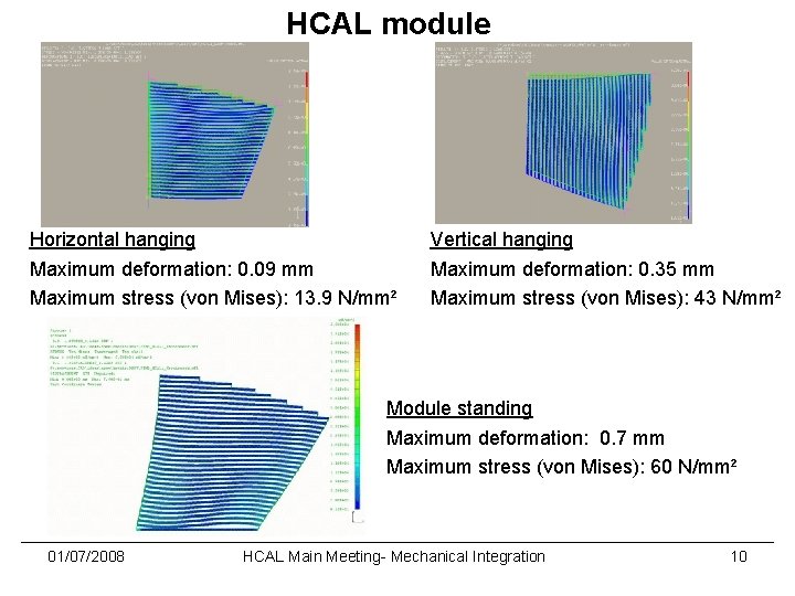 HCAL module Horizontal hanging Maximum deformation: 0. 09 mm Maximum stress (von Mises): 13.