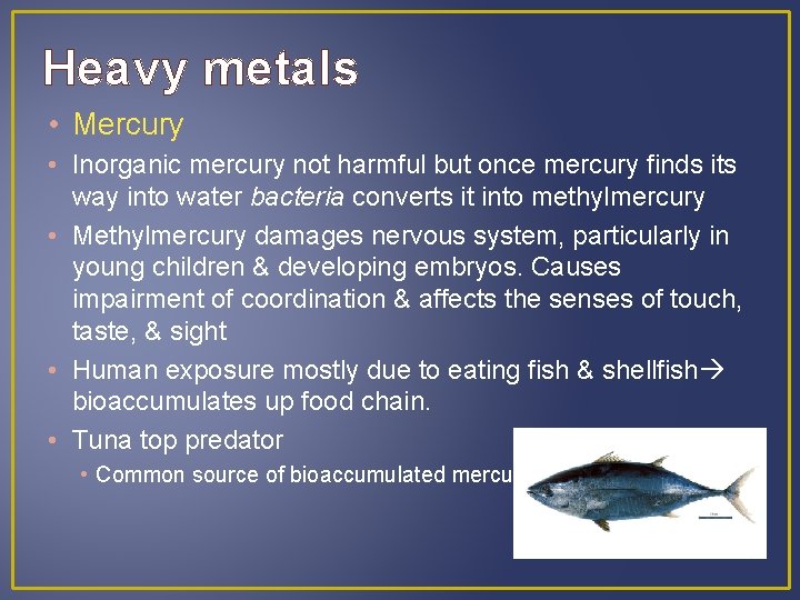 Heavy metals • Mercury • Inorganic mercury not harmful but once mercury finds its