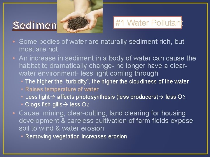 Sediment #1 Water Pollutant • Some bodies of water are naturally sediment rich, but