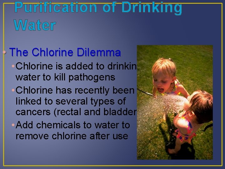 Purification of Drinking Water • The Chlorine Dilemma • Chlorine is added to drinking