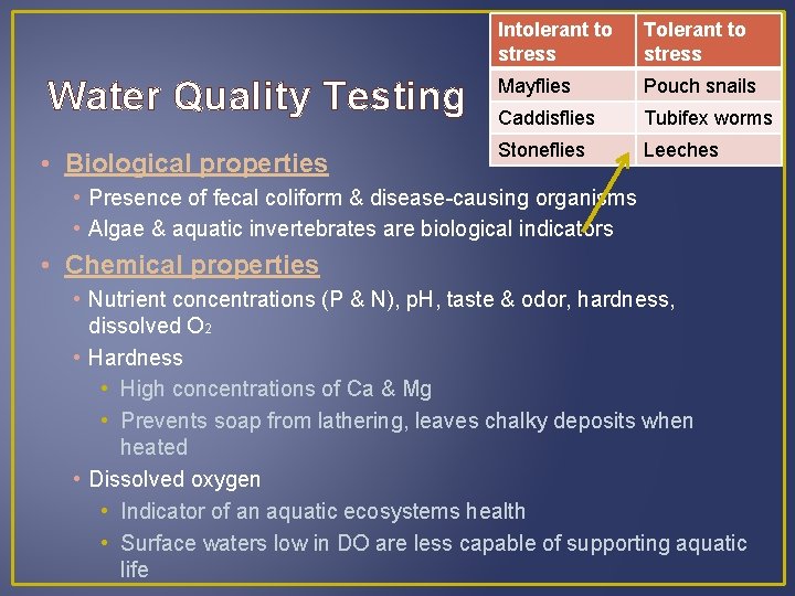 Water Quality Testing • Biological properties Intolerant to stress Tolerant to stress Mayflies Pouch