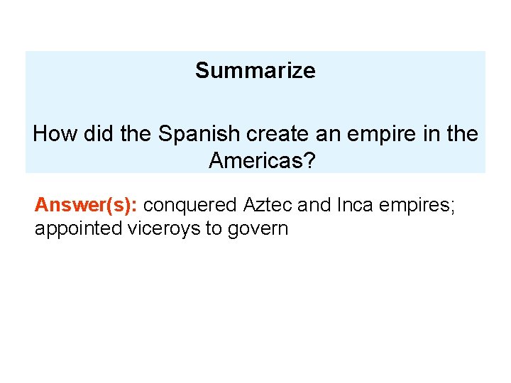 Summarize How did the Spanish create an empire in the Americas? Answer(s): conquered Aztec