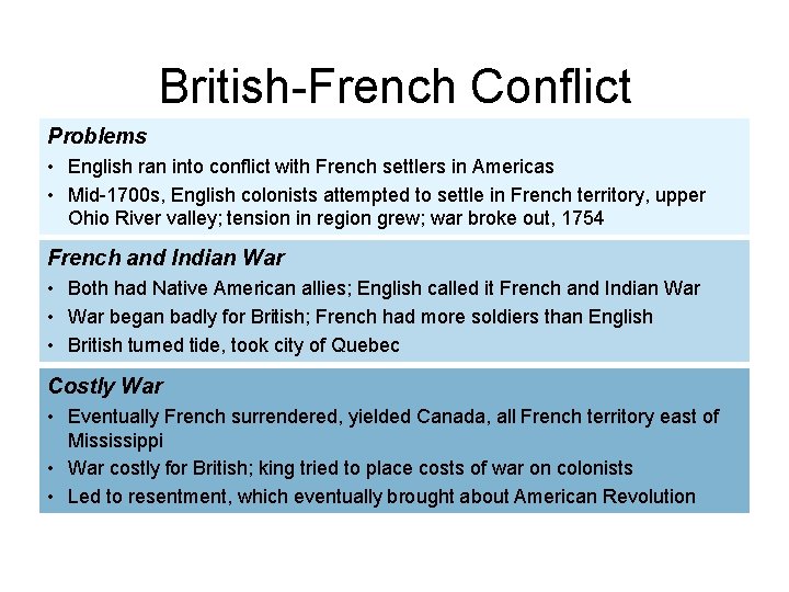 British-French Conflict Problems • English ran into conflict with French settlers in Americas •