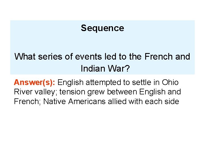 Sequence What series of events led to the French and Indian War? Answer(s): English