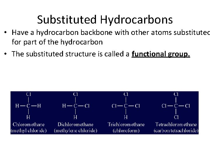 Substituted Hydrocarbons • Have a hydrocarbon backbone with other atoms substituted for part of Substituted Hydrocarbons • Have a hydrocarbon backbone with other atoms substituted for part of