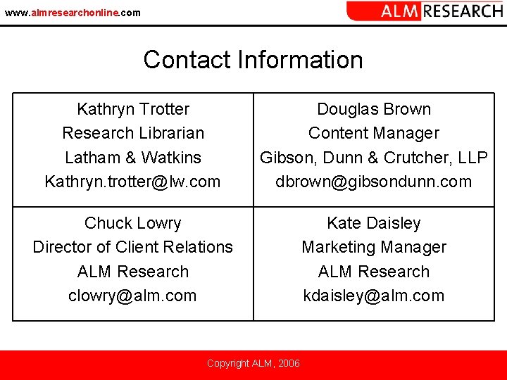 www. almresearchonline. com Contact Information Kathryn Trotter Research Librarian Latham & Watkins Kathryn. trotter@lw.